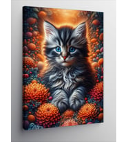 Kanvas Tablo Çiçekler Ve Yavru Kedi