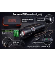 6000 Lümen 60W Şarjlı El Feneri - 2 KM Menzilli 10400 mAh Powerbank 4 Pilli Metal Fener RT-T709