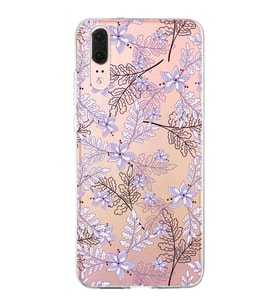 Huawei P20 Uyumlu Kapak Floral Lila Tasarımlı Şeffaf Silikon Kılıf