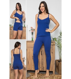 MyBen Kadın Saks Renkli Dantel Detaylı Şortlu ve Taytlı Pijama Takımı 3'lü Set 75006