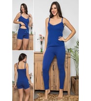 MyBen Kadın Saks Renkli Dantel Detaylı Şortlu ve Taytlı Pijama Takımı 3'lü Set 75006