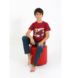 Akbeniz Erkek Çocuk Kısa Kol Penye Pijama Takım 20758 Bordo