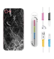 Apple iPhone 5 6 7 8 Plus Se XR Kılıf Kablo Koruma Spiral Silikon Kara Mermer 1375