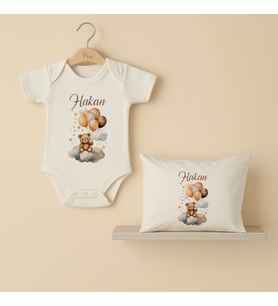 Pia Baby Premium %100 Pamuk İsme Özel Organik Baskılı Çıtçıtlı Bebek Body Ve Yastık Kılıfı 5063-19 (Ekru)