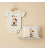 Pia Baby Premium %100 Pamuk İsme Özel Organik Baskılı Çıtçıtlı Bebek Body Ve Yastık Kılıfı 5063-19 (Ekru)