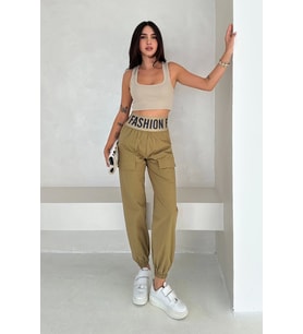 Beli Lastikli Fashion Pantolon Krem (Yeşil)