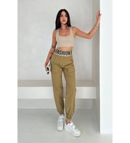 Beli Lastikli Fashion Pantolon Krem (Yeşil)