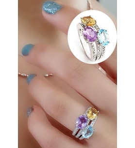 Sky Diamond Taşlı Sitrin Ametist ve Aquamarin Taşlı 925ayar Gümüş Üzerine Beyaz Altın Kaplama Tarz Yüzük