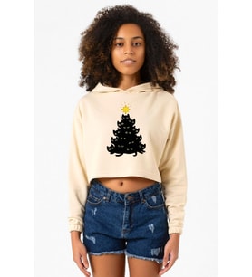 Meowy Christmas Bej Kadın Crop Kapşonlu