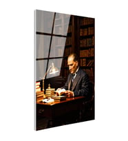 Tamperli Gerçek Cam Tablo Atatürk Kütüphane Kitap Okuma Atatürk Tablosu Duvar Dekoru