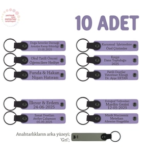 Öğretmenden Tüm Öğrencilerine Özel, 10'lu Set, İsim Yazılı Hediye Anahtarlık, Mor Menekşe & Gri (Lila - Mor)