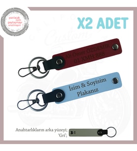 Sevdiklerinize Çok Özel Hediye, İsim Ve Plaka ve Yazılı, x2'li Anahtarlık Takım, Mavi-Bordo-Gr