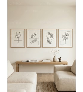 Minimalist Botanik Çizimler 4’lü Ahşap Çerçeveli Tablo Seti