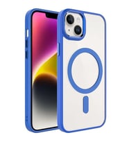 Coverzone iPhone 14 ile uyumlu K?l?f Wireless ?arj �zellikli Metal buton Z-Krom MagSafe ile uyumlu ?effaf Transparan Double Color Silikon Kapak Mavi
