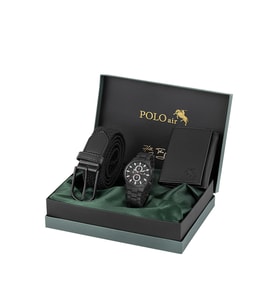 Polo Air Erkek Kol Saati Esnek Kemer Mıknatıslı Cüzdan Kombin Set Siyah Renk PL-7032E1