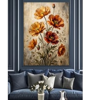 Turuncu Gelincik Vintage Çiçek Dekoratif Kanvas - Mdf Ahşap Tablo