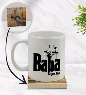 BK Gift Kişiye Özel Baba Godfather Tasarımlı Beyaz Kupa Bardak ve Ahşap Bardak Altlığı Hediye Seti - Model 5