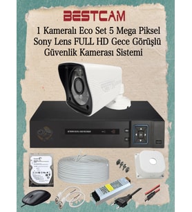 BESTCAM 1 Kameralı Eco Set 5 Mega Piksel Sony Lensli Full HD Gece Görüşlü Güvenlik Kamerası Sistemi 250 GB HDD