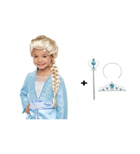 Örgülü Karlar Ülkesi Frozen Elsa Peruğu Tacı ve Sopası Çocuk Boy (5343)