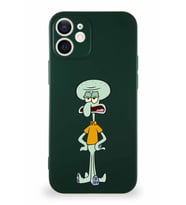 Apple iPhone 12 Mini Soft Premier Kapak Squidward Dokunaç Tasarımlı Silikon Kılıf - Yeşil (Şeffaf)