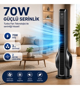 Turbo Akıllı Fan 70W Uzaktan Kumandalı Kule Vantilatör, Aromaterapi Özellikli, Dokunmatik LED Ekranlı, 3 Hız Kademeli, 3 Modlu, 12 Saat Zamanlayıcılı, Sessiz Çalışma, Salınımlı Fan