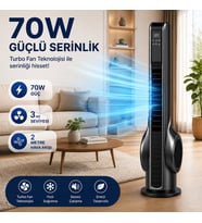 Turbo Akıllı Fan 70W Uzaktan Kumandalı Kule Vantilatör, Aromaterapi Özellikli, Dokunmatik LED Ekranlı, 3 Hız Kademeli, 3 Modlu, 12 Saat Zamanlayıcılı, Sessiz Çalışma, Salınımlı Fan
