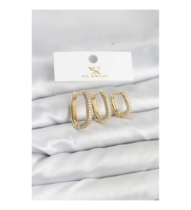 Mey İthalat® Pirinç Gold Renk Zirkon Taşlı Halka Model YSX Trio Küpe Seti