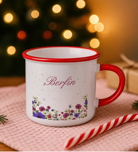 BK Gift Kişiye Özel Çiçek Tasarımlı Kırmızı Emaye Kupa Bardak -10, Arkadaşa Hediye, Sevgiliye Hediye