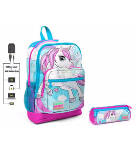 Coral High Mavi Unicorn Baskılı İlkokul Sırt Çantası ve Kalemlik Seti - Kız Çocuk - USB Soketli