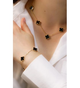 Kadın Siyah Renk Van Cleef Model Altın Kaplama Paslanmaz Çelik Kolye, Bileklik Set