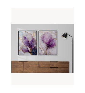 Tablo  Ahşap Çerçeveli Tablo 2'li Set  Soyut, Modern, Mor Çiçek Desen Temalı TabloDijital Baskılı