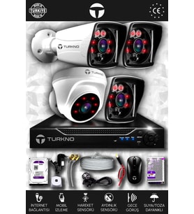TURKNO 4 Kameralı Karia 1 İç Kamera Set 250 GB HDD Full HD Gece Görüşlü Güvenlik Kamerası Sistemi
