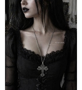 Gotik Haç Motifli Metal Kolye 60 cm Zincir Unisex Siyah Gümüş Renk