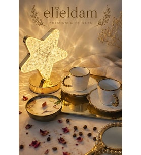 Doğum Günü, Özel Gün, Yeni İş, Yeni Ev Hediyesi İkili Porselen Fincan, Kristal Yıldız Masa Lambası, Soya Mum ve Altın Tepsi Seti