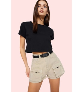 Kadın Yüksek Bel Denim Şort Cep Detaylı City Short Kalıp Pamuklu Günlük Kullanım Hafta Sonu (Bej)