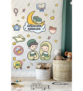 Hoşgeldin Ramazan Sevimli Çocuklar - Ramazan Ayı Temalı Sticker Seti Cam Duvar Süsleri Çocuk Odası