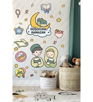 Hoşgeldin Ramazan Sevimli Çocuklar - Ramazan Ayı Temalı Sticker Seti Cam Duvar Süsleri Çocuk Odası