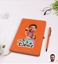 BK Gift Kişiye Özel Erkek Karikatürlü Turuncu Termo Deri Defter Kalem Seti Model 2