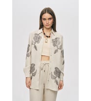 Kadın Flora Natur Nakış İşlemeli Oversize Keten Karışımlı Gömlek (Natural)