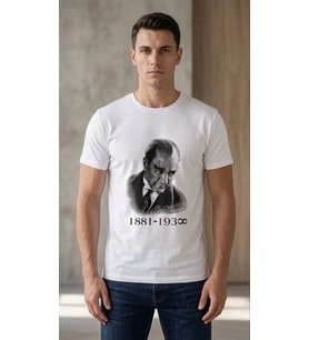 Erkek Atatürk Baskılı Tişört Kısa Kollu Bisiklet Yaka T-Shirt - Beyaz