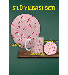 Yılbaşı Temalı 3'lü Bilek Destekli Mousepad Kupa Ve Bardak Altlığı Seti