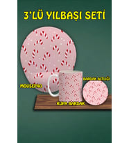 Yılbaşı Temalı 3'lü Bilek Destekli Mousepad Kupa Ve Bardak Altlığı Seti