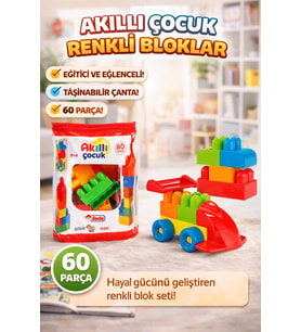Akıllı Çocuk Renkli Bloklar 60 Parça Eğitici ve Taşınabilir Yapı Oyuncağı