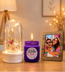 Kişiye Özel Fotoğraflı LED Işıklı Fanus (unicornlu) ve Kokulu Cam Mum Hediye Seti