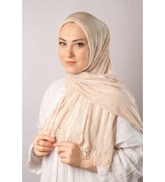 Bej Pratik Hazır Geçmeli Tesettür Eşarp Fukuro Piliseli Çiçek Desenli Lazer Kesim 1819_12