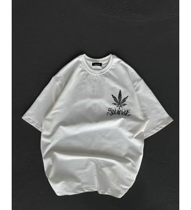 Unisex Bisiklet Yaka Baskılı Oversize T-Shirt - Beyaz