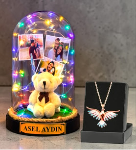 Sizlere Özel Renkli Led Işıklı Fanus ve Renkli Zümrüdü Anka Kuşu Kolye (Model 2)
