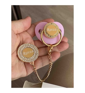 Isimli Kristal Taşlı Pembe Silikon Bebek Emzik Ve Zincir Seti (0-6 AY) - 0103