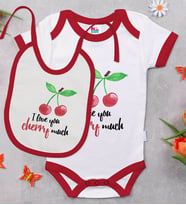 BK Kids İ Love Cherry Much Tasarımlı Kırmızı Bebek Body Zıbın ve Mama Önlüğü Hediye Seti-1