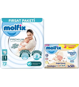 Molfix Premium Bebek Bezi Beden:1 (2-5KG) Yeni Doğan 72 Adet Fırsat Pk + 3 Adet Islak Mendil